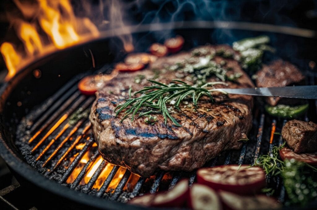 Grilled steak meat on a barbecue party in garden summertime and food concept.